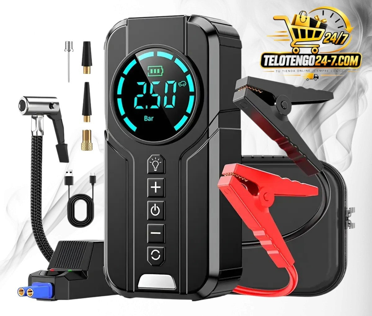 Arrancador de batería y compresor de aire Telotengo24-7.com con pantalla digital, pinzas y accesorios de inflado