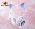 Auriculares Bluetooth de gato Telotengo24-7.com color lila con orejas iluminadas LED RGB y diseño ergonómico