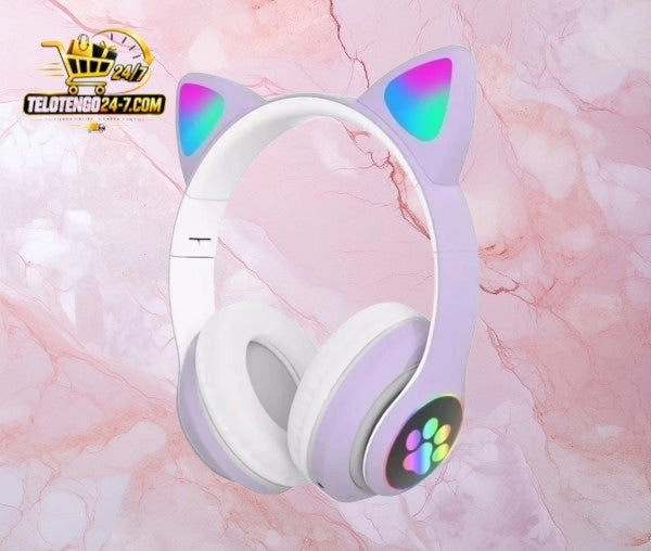 Auriculares Bluetooth de gato Telotengo24-7.com color lila con orejas iluminadas LED RGB y diseño ergonómico