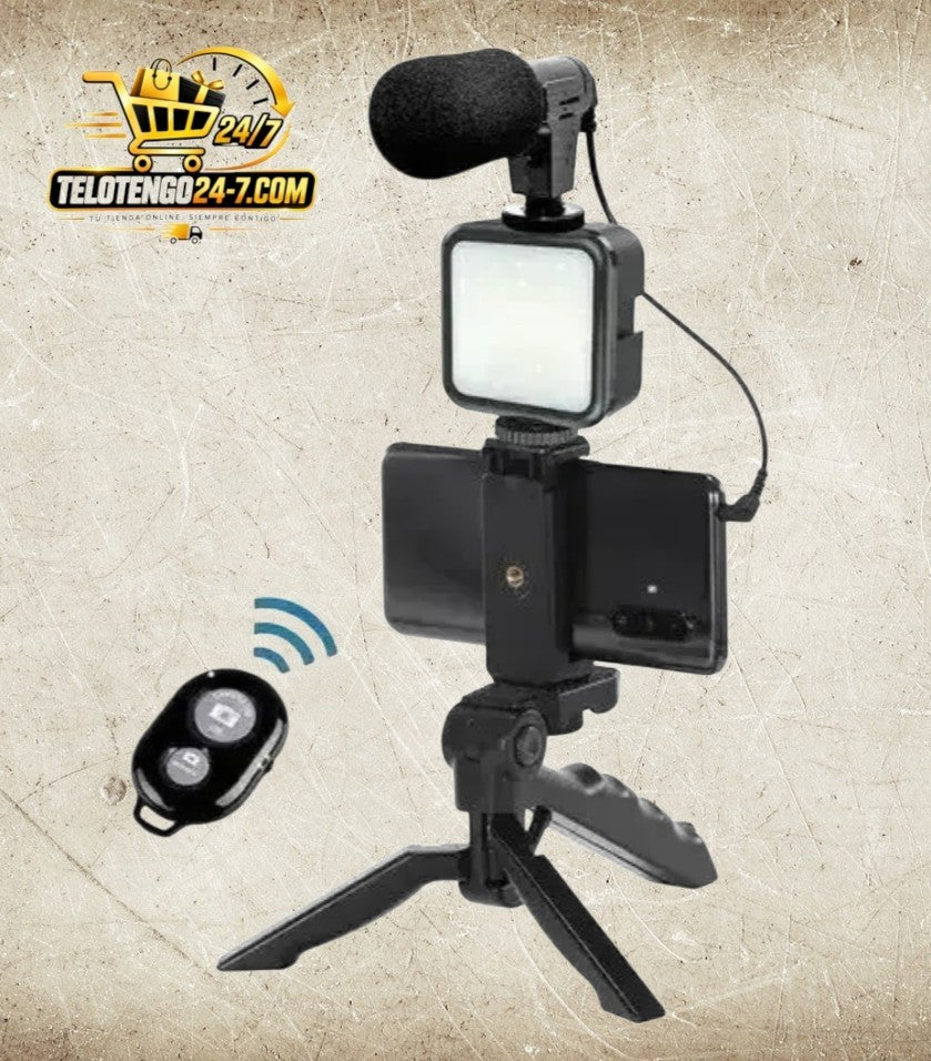 Kit de video Telotengo24-7.com con mini trípode, luz LED, micrófono y control remoto para celular